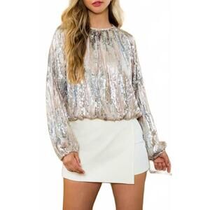 NEW MINT EXCLUSIVES lyla long sleeve sequin blouse in beige